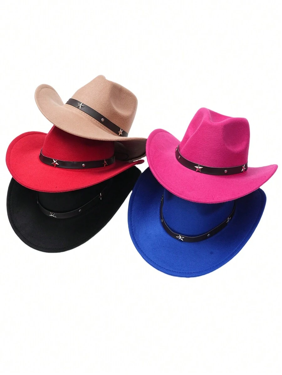 Ein Kamelfarbener Ganzjahreshut Mit Einfachem Rand Und Nach Oben Gebogenem Hut Für Kinder Als Geschenk, Einfarbiger Western-cowboyhut Mit Fünf Sternen, Modischer Jazzhut Für Bühnenauftritte - Kamelfarben - Übersicht 1