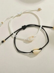 2pcs Romantic Bohemian Beach Vacation Style Bracelet Set, Handmade Wax Rope Braided Shell Friendship Bracelet With Card, For Couple/Friends - Shell - View 5