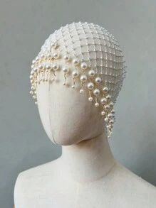 1 PC Trắng Ngọc Trai Giả & Đá Lưới Cô Dâu Mũ Với Thiết Kế Rỗng Và Tua Rua Dây Xích Mũ Trụ, sang Trọng Mũ Trùm Đầu - Nhiều màu - Xem 11
