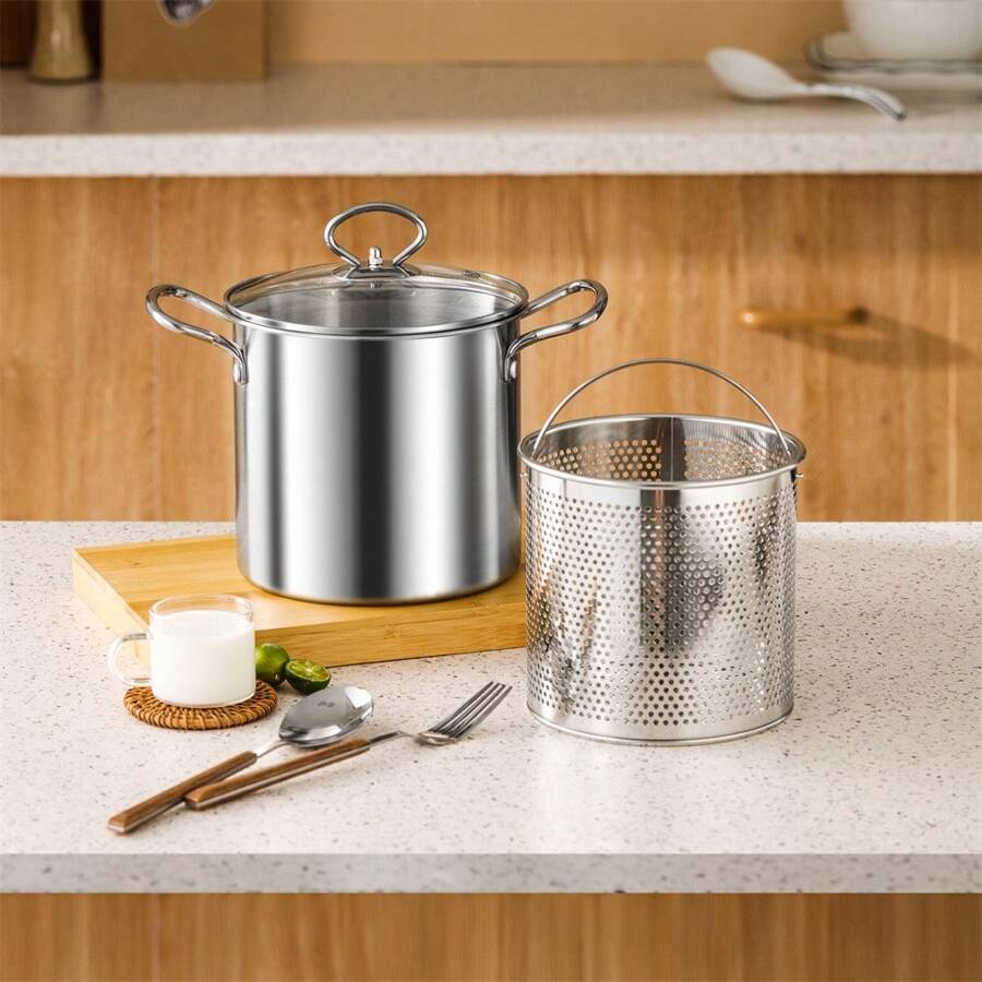 1pc Deep Fryer Pot, Stainless Steel Frying Pot With Basket 118.35oz, Stock Pot With Lid, 2 In 1 Fry Pot For French Fries, Chicken, Cooking Vegetables, Cookware, Kitchenware, Kitchen Supplies, Kitchen Items - Silver - View 1