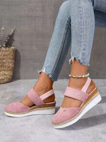 Platform Espadrille Sandals For Women Plus Size, Closed Toe Elastic Band Comfortable Wedges Sandals - Pink - View 1
