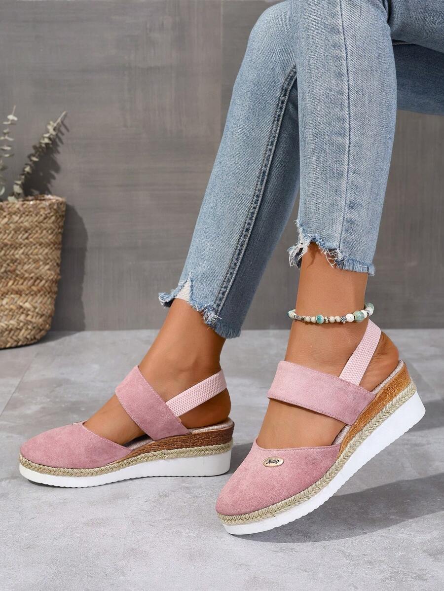 Platform Espadrille Sandals For Women Plus Size, Closed Toe Elastic Band Comfortable Wedges Sandals - Pink - View 1