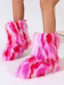 Women Colored Pink Plush Snow Boots Fashionable Thickened Warm Fluffy Mid-Tube Boots With Striped Pattern, Fluffy Jacquard Decoration And Thermal Lined