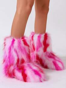 Women Colored Pink Plush Snow Boots Fashionable Thickened Warm Fluffy Mid-Tube Boots With Striped Pattern, Fluffy Jacquard Decoration And Thermal Lined