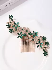 1pc Women Fashionable High-Grade Rhinestone Flower Headband Hair Comb Combs For Hair Side Comb, School Stuff, Wedding, Bridesmaids Gifts, Looks Of Party, Hair Accessories, Bridal Hair Accessory - Green - View 3