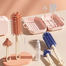 Set de 6 piezas de estante y cepillo secador de biberones con limpiador de silicona para biberones, tetinas y pajillas, portátil con estante de drenaje - Rosa - Ver 6