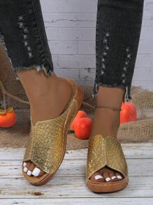 2024年夏季新款女式楔形跟時尚抗滑套鞋，帶中跟和厚墊鞋底，舒適感十足 - 金色 - 查看 7