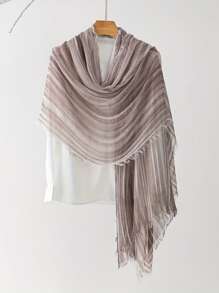 波西米亚风女士时尚简约条纹渐变皱纹流苏涤纶围巾，休闲百搭头巾防风防晒披肩配饰女式冬秋 - 彩色 - 查看 6