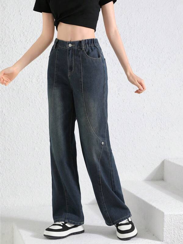 Teen Girl Casual Loose High Waist Straight Leg Jeans With Patchwork Button