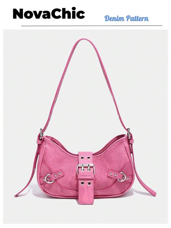 Goth Gothic Y2K Style 1buc Vintage Pink Pu Cu Nituri Decorare Punk Închizătoare Geantă de umăr pentru femei, Cu curea reglabilă, Potrivită pentru utilizare zilnică, Perfectă pentru festival de muzică, Geantă în stil rock pentru femei