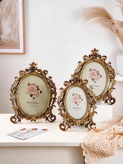 1pc European Antique Gold Lace Oval Photo Frame With 1pc Random Mat Paper For Photo Display Home Decor