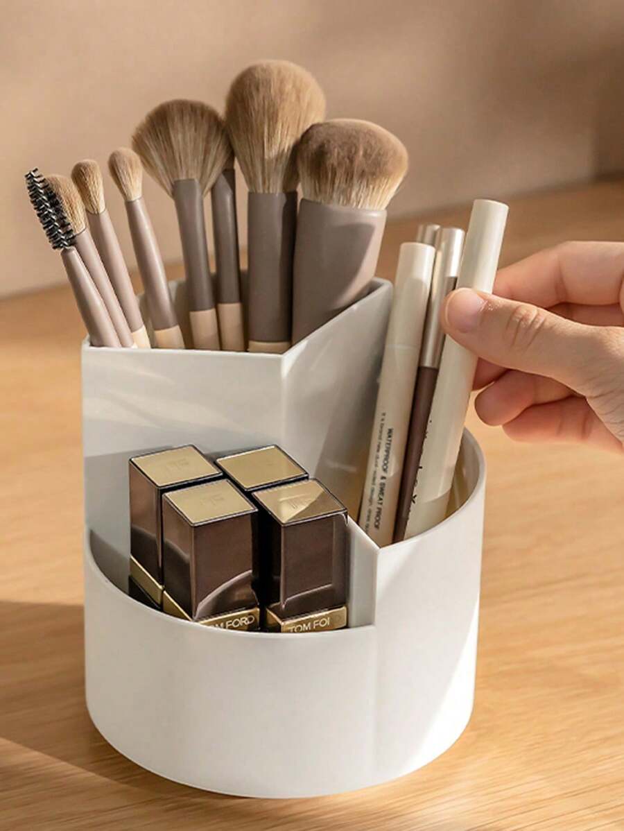 1 pieza Organizador giratorio de 360 grados para brochas de maquillaje, caja de almacenamiento de cosméticos para escritorio, para vacaciones en la playa, colección de baño, colección de dormitorio, de gran capacidad - Blanco - Ver 1