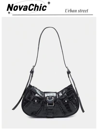 Lightweight,Business Casual Crocodile Embossed Studded Decor Ruched Bag For Teen Girls Women College Students,Rookies & White-Collar Workers Perfect For Office,College,Work ,Business,Commute,Outdoors, Travel, Outings, Rock Style Bag For Women