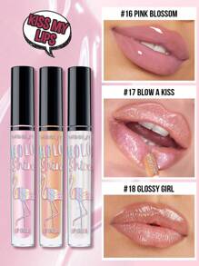 Misslyn 3 piezas, CREMA LABIAL HOLO SHINE, brillo de labios, set de maquillaje de labios de glaseado de agua. Coletero como regalo. No pegajoso, alto brillo, acabados en crema y perla, color altamente pigmentado y brillo instantáneo, brillante, labial sin peso y acabado no pegajoso