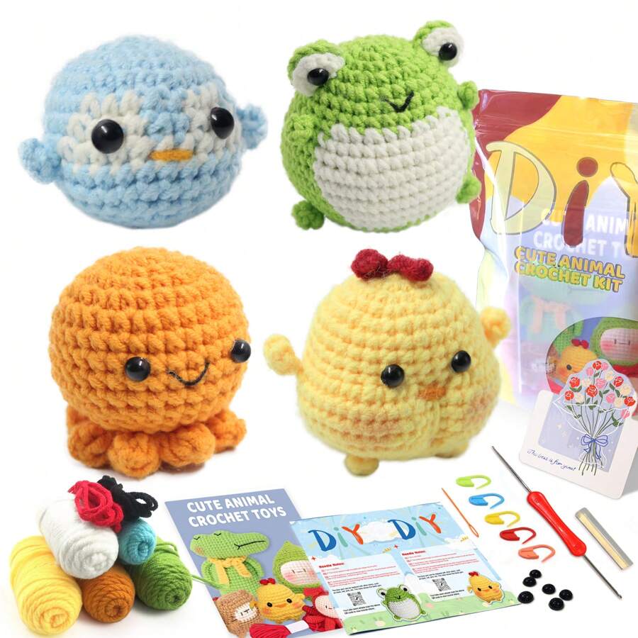 4PCS DIY Penguin Octopus, Chicken Frog Crochet Kit With StepByStep