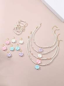 4 件套女孩花朵与人造珍珠串珠项链、手链、耳环首饰套装