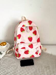 1pc Zipper Closure Fashion Strawberry Pattern Backpack, Cute & Versatile Korean Style Casual Daypack For Everyday Use - Pink - View 3