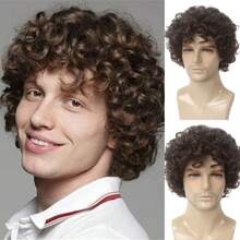 Brown Curly Short Afro Wig For Men California Men Cosplay Costume Daily Hair Synthetic Heat Resistant Men Full Wigs