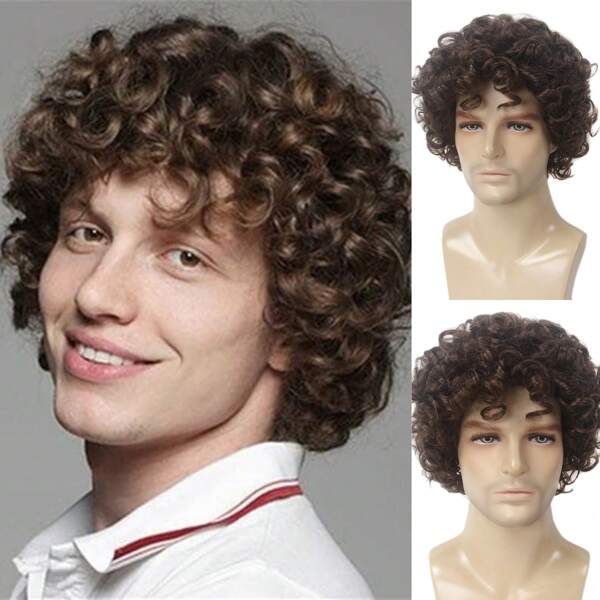 Perruque afro courte bouclée brune pour hommes, costume de cosplay des hommes californiens, cheveux synthétiques résistants à la chaleur, perruque complète pour hommes