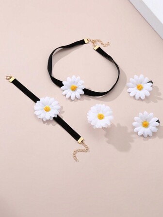 3pcs/Set Girls' Daisy Necklace, Bracelet And Ring, Hair Clip And Elastic Hair Tie Set