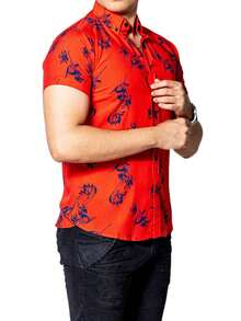 Camisa Hombre Casual Manga Corta Roja Flores Marino - Rojo - Ver 4