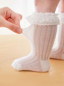 1pair Soft And Breathable Lace Edge Princess Style Over Knee High Socks For Toddler Girls And Babies - White - View 2