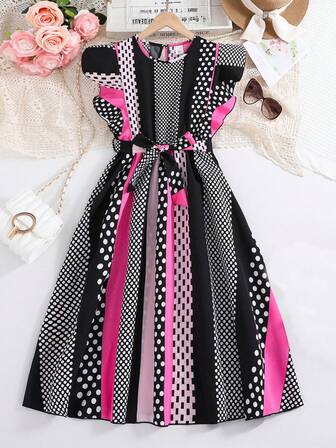 青少女夏季多色圓點無袖連衣裙