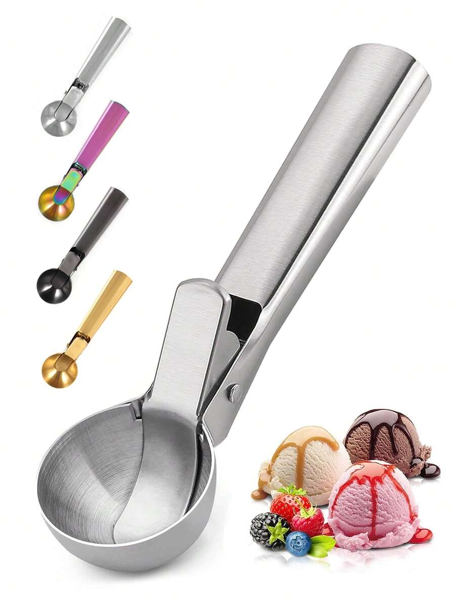 1pc Stainless Steel Ice Cream Scoop, Stainless Steel Ice Cream Scooper With Trigger Release, Metal Cookie Scoops, Iceream Scoop Spoon For Meatball Frozen Yogurt Gelatos And Sundaes - Multicolor - View 1