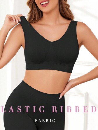 女士纯色无钢圈文胸，无缝舒适瑜伽文胸，带可拆卸胸垫，内衣