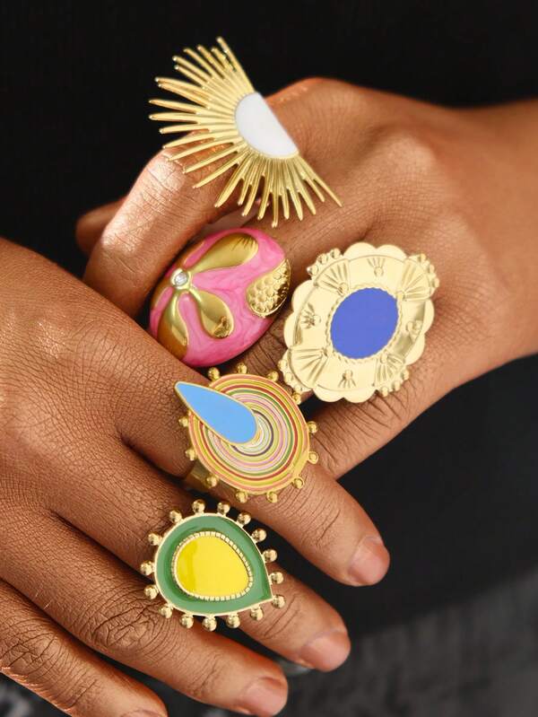 5 Stücke/Set Vintage Edelstahl Retro Mode Ölfarbspritzer Übertriebenes Design offene Ringe Set, geeignet für Frauen Alltagskleidung, Halloween, Valentinstag, Erntedankfest Geschenke, Schmuck für Freunde