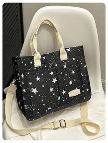 花朵幸福包夏季清新時尚實用手提包，斜背包，媽媽包，春遊午餐包，大容量手提袋，公文包，文件袋，書袋 - 黑與白 - 查看 2