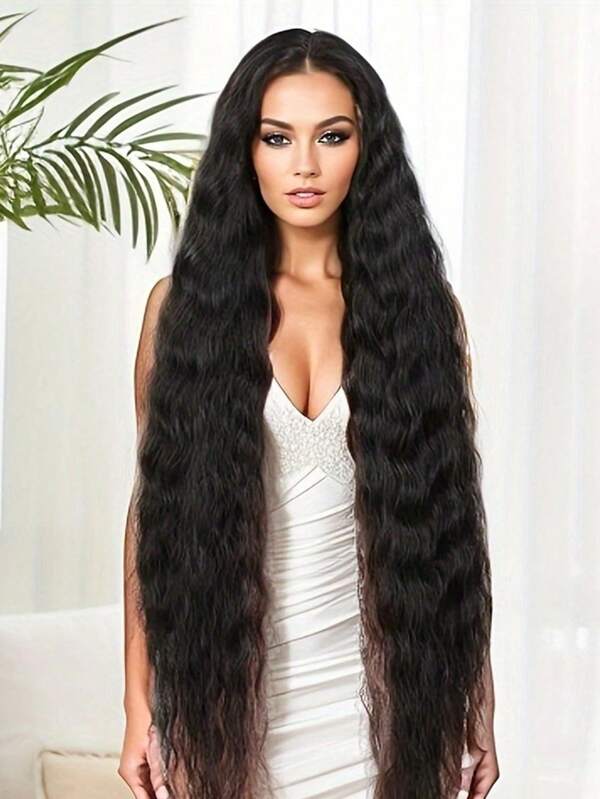 La popular peluca negra rizada de longitud media de 30 pulgadas está hecha de seda sintética de alta temperatura, es suave, lisa y natural para pelucas de cabello de mujer