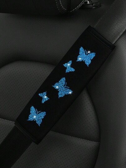 MEIKAXIU 1pc Flashy Pink Butterfly Bling Fabric Car Seat-Belt Shoulder Pad Cover For Comfortable Anti-Pressure And Anti-Chafing