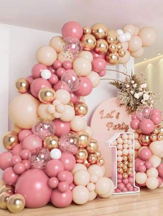 107pcs Party Pink Gold Confetti Balloon Glue Chain & 2pcs Balloon Accessory, Christmas Decor Birthday Wedding Holiday Event Party Room Wall Background, Photography Decoration Props Decorative Balloon Arch Kit