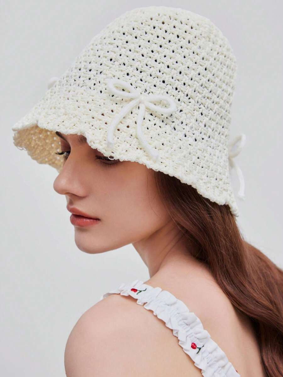 1件女士芭蕾風格蝴蝶結桶帽，適用於春夏季，時尚甜美外出，遮陽編織帽