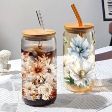 6pcs/Set Beautiful Flowers UV DTF Transfer Sticker Libbey Glass Cups Diy Wrap Transfer Sticker For 16oz Glass Cup Waterproof Sticker Bottle Sticker Adhesive Sticker-