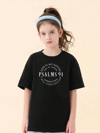 青少年女孩字母印花短袖寬鬆T恤，夏季