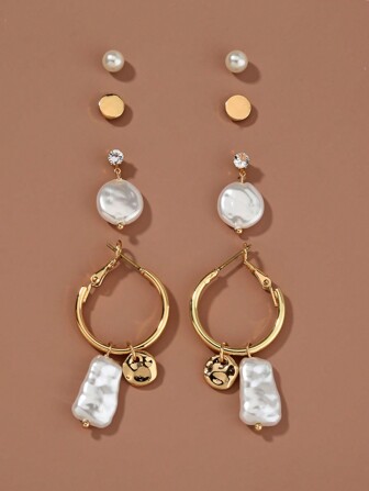 Nooxian اقراط متدلي باللؤلؤ الصناعي 4 ازواج