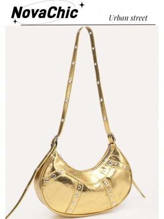 Y2k、蒸汽朋克、時尚、哥特風格、陰森風格,防水、輕便、商務休閒金屬壓花圓釘裝飾的斜肩包,適用於十多歲女生、女大學生、初入職場的白領職場新人,適用於辦公室、大學、工作、通勤、戶外、旅行、郊遊、購物、度假。