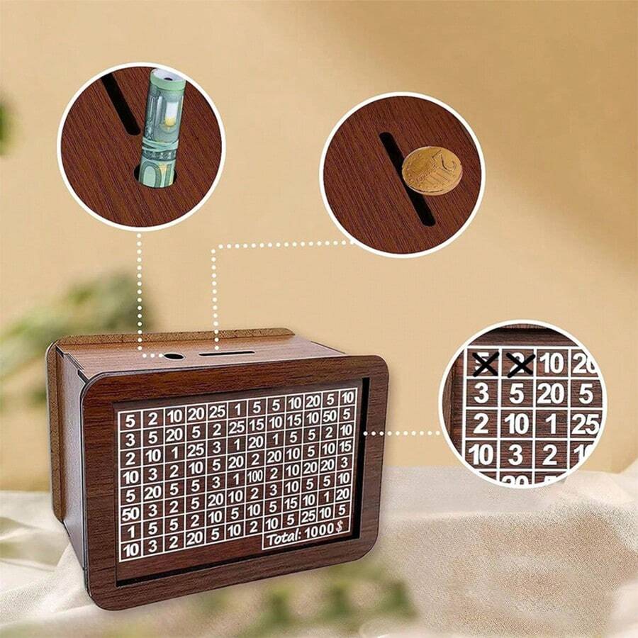 1pc Wooden Money Saving Jar Creative Storage Container Desktop Decor Crafted In Woodworking Style For Financial Planning - Dark Brown 1000 USD - View 1