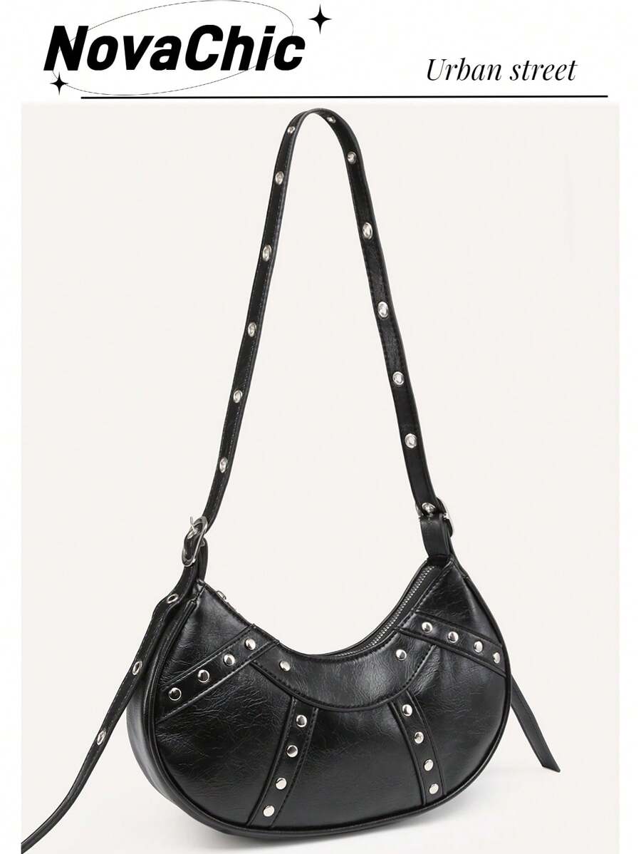 Bolso hobo ligero, informal, con tachuelas y decoración para adolescentes, niñas, mujeres, estudiantes universitarios, novatos y trabajadores de cuello blanco, perfecto para la oficina, la universidad, el trabajo, los negocios, los viajes diarios, al aire libre, los viajes, las excursiones - Negro - Ver 1