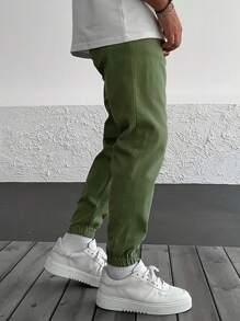 Men's Fashionable Casual Solid-Colored Joggers, Long Trousers With Elastic Cuffs - Green - View 3