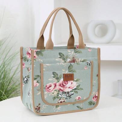 New Floral Print Canvas Tote Bag With Thickened Material, Perfect For Commuting And Hand-To-Hand Use. Features A Zipper Closure, Front Pocket, And Can Also Be Used As A Handbag Or Changing Bag