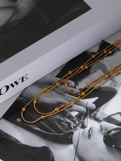 1pc Vintage Fashion Multi-Layer Bead Chain Stainless Steel 18K.Gold Plated Necklace, Perfect For Women's Parties, Dance Parties And Daily Wear