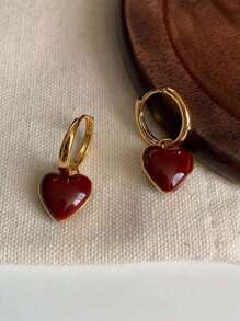 1pair Vintage Red Heart Shaped Zinc Alloy Hoop Earrings With Gold Tone For Thanksgiving Accessories Halloween Valentine's Day Valentines Back To School