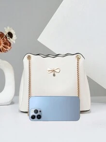 PLANEE女士2024年夏季新款網紅流行小方包，多功能鏈帶肩背包，純白色時尚圓桶包 - 白色 - 查看 3