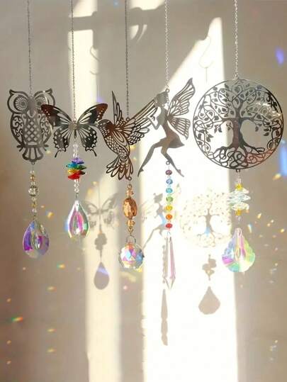 1 قطعة/ 5 قطع مُلتقَط شمس من المعدن اللامع على شكل حيوانات، كالطائر الرفرافة وشجرة الحياة والبومة والملاك والفراشة، ديكور معلق لنوافذ الحدائق والغرف والمنزل وهدايا عيد الميلاد والتخرج