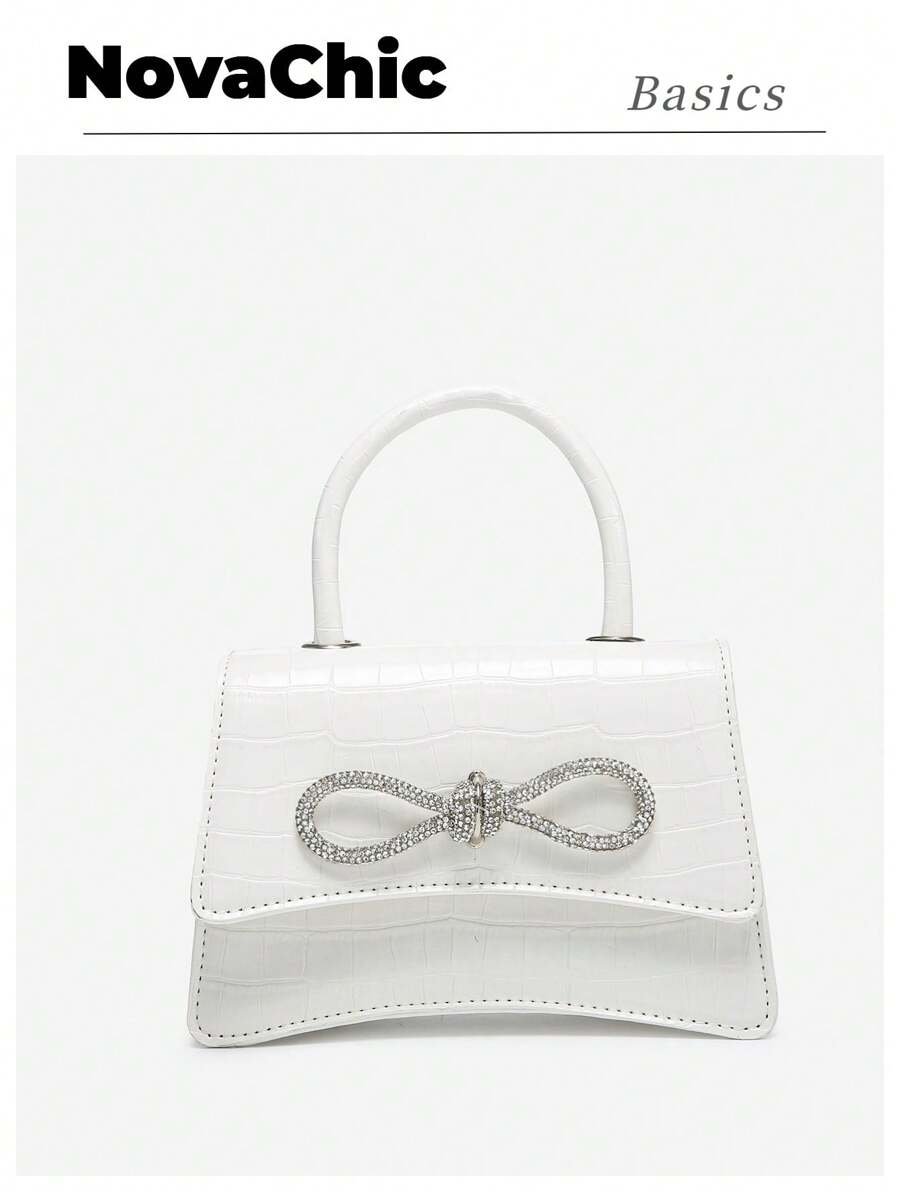Bolso pequeño cuadrado con decoración de strass y lazo, con estampado de cocodrilo y asa superior, perfecto como regalo de San Valentín para ella, la mejor opción de regalo de San Valentín