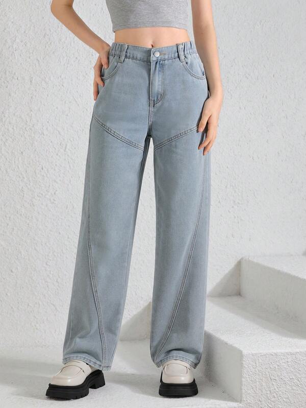 Teen Girl Personalized Patchwork Straight Leg Jeans, Wide Leg High Waist Loose Fit Denim Pants