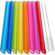 8pcs Reusable Straws, Smoothie Straws - Multicolored Extra Large Reusable Straws, Plastic Straws For Bubble Tea, Milkshakes, With 2 Brushes, Suitable For Restaurants, Cafes, Kitchen, Christmas Gift,School Supplies